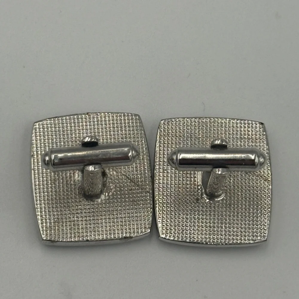Silver Tone Fly Fisherman Cufflinks Mens Rectangular Fishing Scene